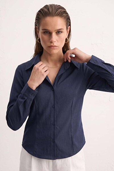 BARRELS AND OIL Women's Long Sleeve Shirt with Waist Tie - Navy Blue