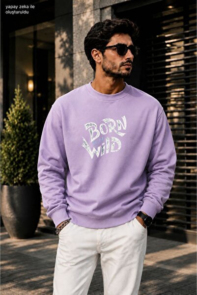 caddekombin Men's Born to Be Wild Printed Cycling Round Neck Casual Sweatshirt