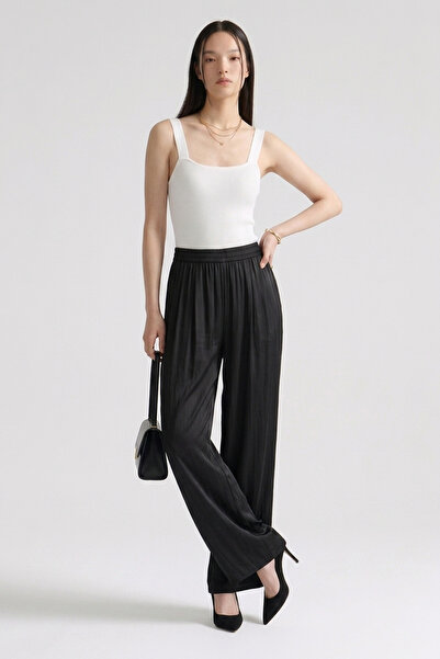BARRELS AND OIL Women's Elastic Waist Satin Loose Trousers - Black