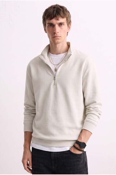 BARRELS AND OIL Men's Half-Zip High-Neck Sweatshirt - Stone