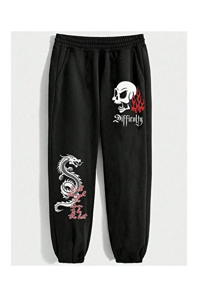 VOID Dragon Sweatpants Jogger - Black Printed High Waist Elastic Cuffs