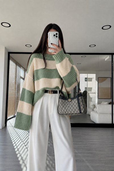 pepule kadın Ekru Çizgili Oversize Bisiklet Yaka Triko Kazak