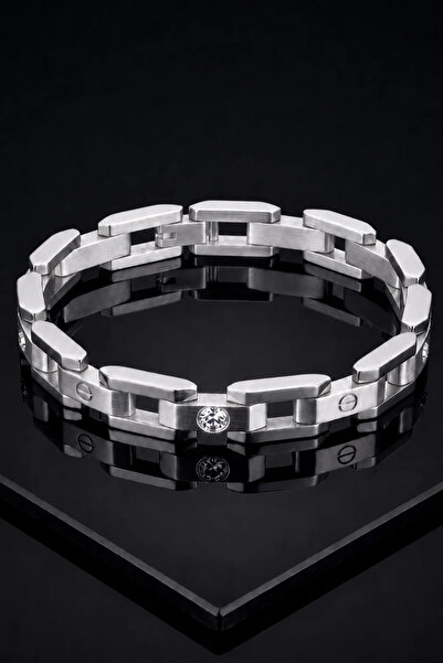 OSMANLI GÜMÜŞ Men's Steel Bracelet Steel Color Zircon Stone Screw Model Steel...