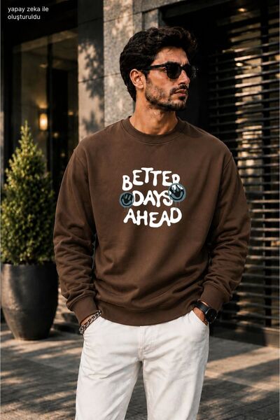 caddekombin سويت شيرت رجالي كاجوال برقبة دائرية مطبوع عليه Better Days Ahead