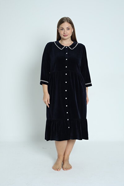 ROMEO LİFE Women's Plus Size Cotton Buttoned Dress / Navy Blue 3917