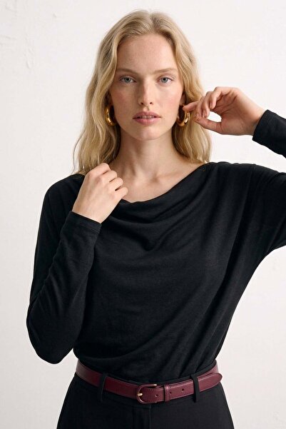 BARRELS AND OIL Women's Boat Neck Long Sleeve Blouse - Black
