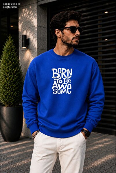caddekombin سويت شيرت رجالي مطبوع عليه Born To Be Awesome برقبة دائرية وياقة ...
