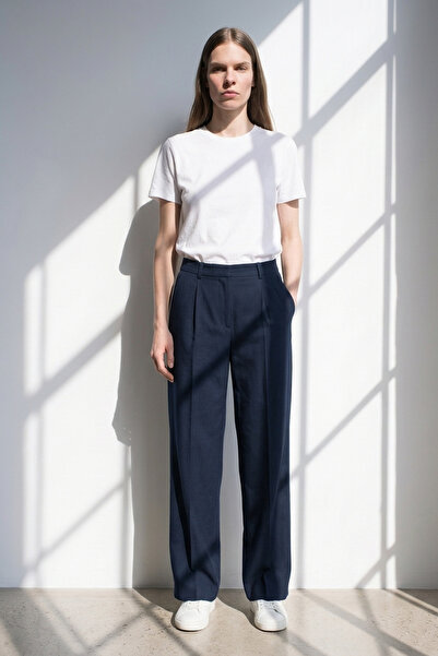 BARRELS AND OIL Women's Elastic Waist Palazzo Trousers - Navy Blue