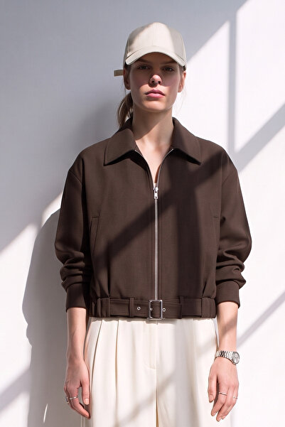 BARRELS AND OIL Women's Oversized Zippered Jacket with Belted Hem - Bitter Brown