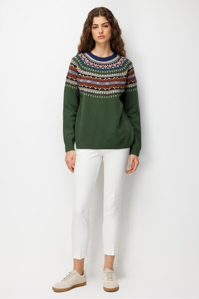 Desen Triko Women's Crew Neck Roba Jacquard Wool Sweater K.Yosun