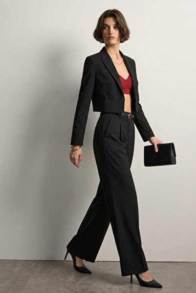 BARRELS AND OIL Women's Fabric Trousers with Waist Belt - Black