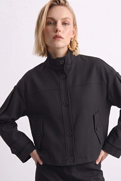 BARRELS AND OIL Women's Stand Collar Epaulet Short Jacket - Black