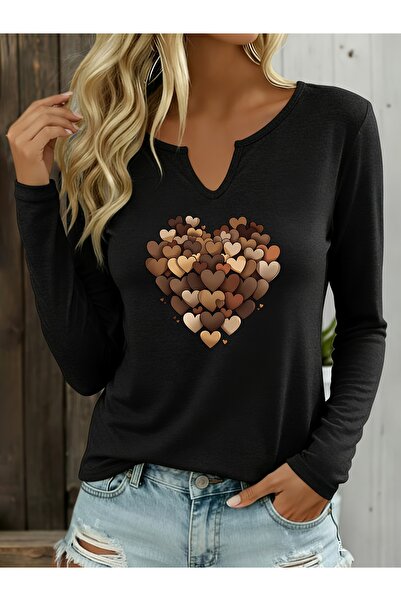 Deocept Printed Cotton Half V-Neck Long Sleeve Blouse T-Shirt