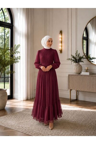 CYM Butik فستان شيفون مطوي بحزام للحجاب الإسلامي