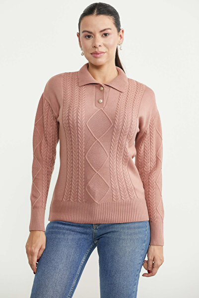 Sementa Polo Collar Buttoned Knit Sweater - Rose