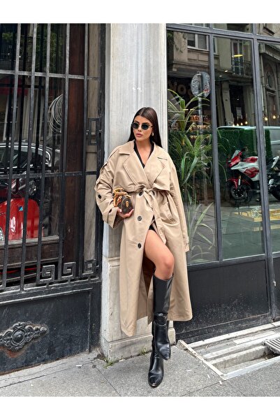 LE CARAMBOLE Women's Beige Oversized Long Trench Coat with Tie Detail