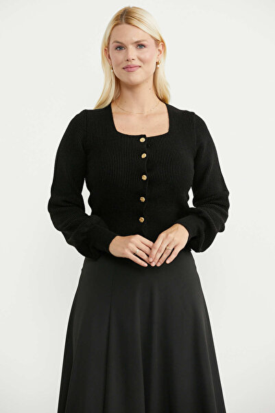 Sementa Button Detailed Square Collar Knitwear Cardigan - Black