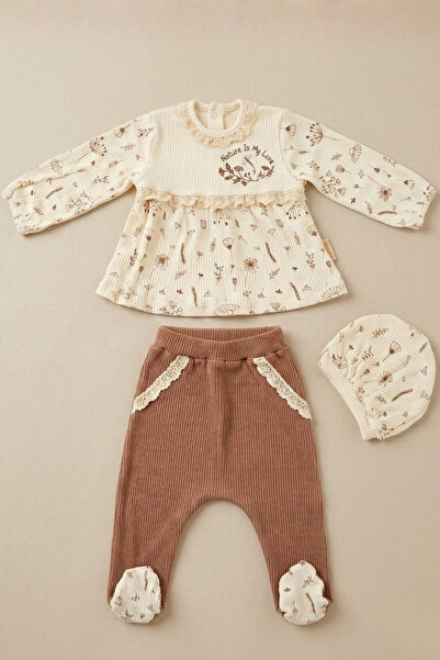 zumino Baby Girl Floral Patterned Ruffle Detailed Tunic with Booties and Hat ...