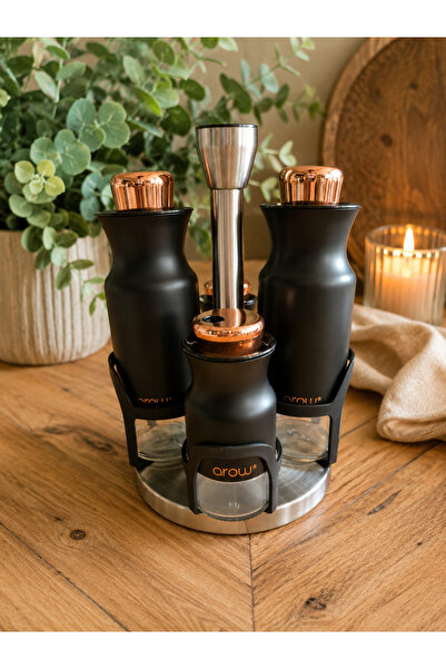 CASA DE BELLA Black Gold 5 Piece Round Stand Oil Pot, Vinegar Pot, Spice and ...
