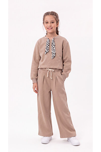 Mışıl Kids Top Collar Full Pleated 3 Thread Fabric Girls' Bottom and Top Trac...