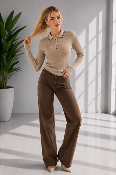 Noi Belis Polo Yaka Kontrast Biyeli Düğmeli Fitilli Slim Fit Uzun Kollu Triko...