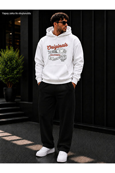 caddekombin Men's Originals 75 Car Printed Tracksuit Set / Hooded Kangaroo Po...