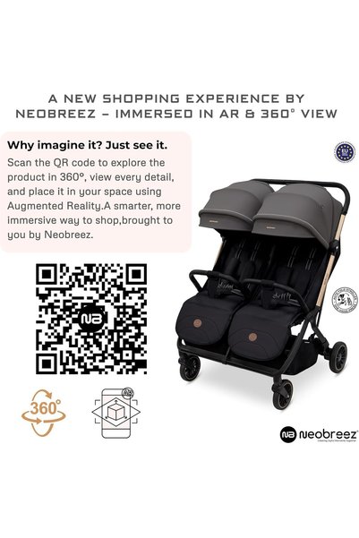 neobreez TWINEX Compact Autofold Folding Double Stroller,Twin Stroller,Aluminium Frame,Individual Canopy&Recline Adjustment,0–4Yrs,3Yrs (Grey Black)