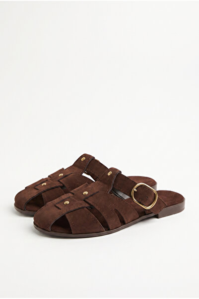 Bianco Lucci Women's Suede Gold Buckle Belt Strap Flat Sole Slippers 50021004