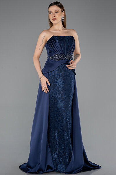 Abiyefon Lacivert Straplez Peplum Kuyruklu Uzun Dantel Abiye ABU5615
