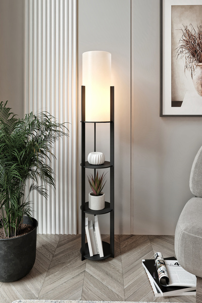 Supply Home Lambaderyn Radiante Yuvarlak Raflı Lambader Siyah MDF Dekoratif K...