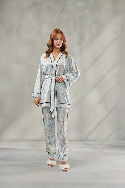 DAWN LİNE Kadın Zincir Desenli Saten Kimono Sabahlıklı Pijama Takımı VERONA &...