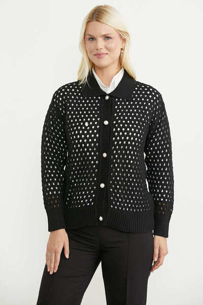 Sementa Hole Motif Buttoned Cotton Knitwear Cardigan - Black