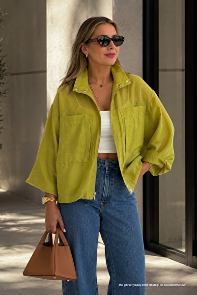 Rhen Store Oversize Dik Yaka Cep Detaylı Yağ Yeşili Ceket