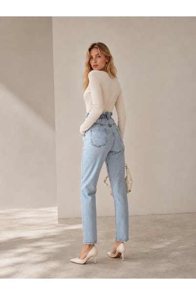 SHEVEGA Women's High Waist Double Button Belt Drawstring Mom Jeans Denim Pants