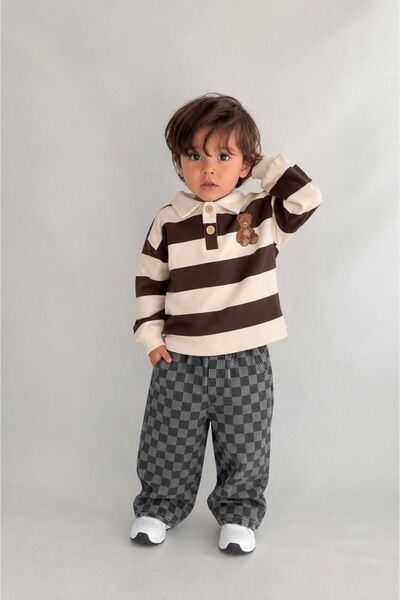 Teddy Bear Çizgili Sweat & Ekose/Kareli Pantolon Erkek Çocuk Takım
