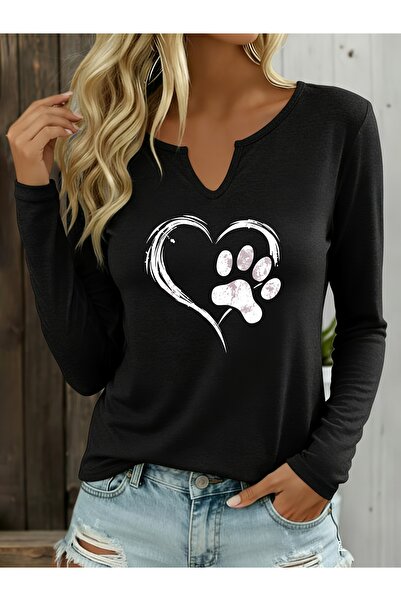Deocept Printed Cotton Half V-Neck Long Sleeve Blouse T-Shirt