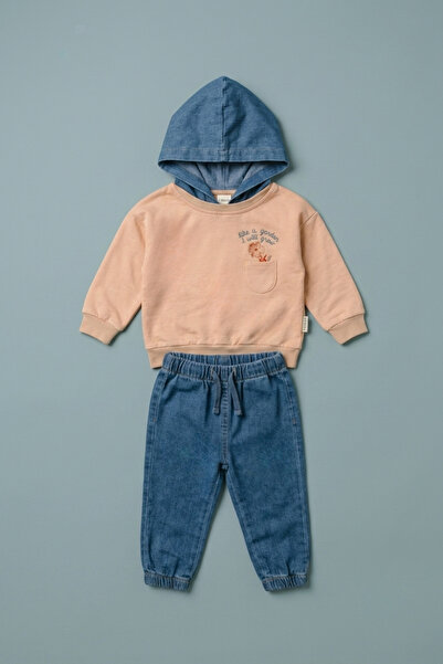 zumino Baby Girl Floral Embroidered Hooded Sweatshirt and Jogger Jean Pants Set