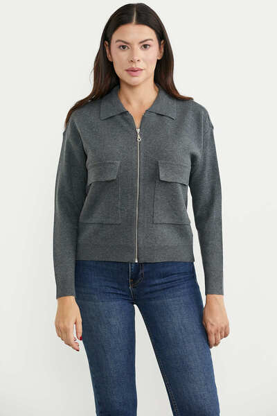 Sementa Large Pocket Zippered Knitwear Jacket - Dark Gray