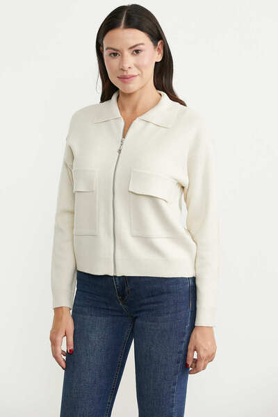 Sementa Large Pocket Zippered Knitwear Jacket - Light Beige
