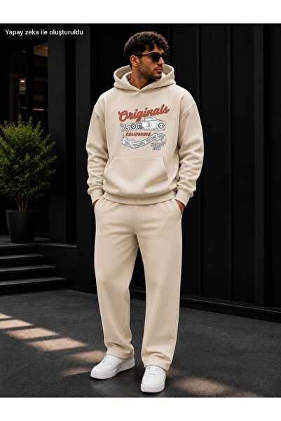 caddekombin Men's Originals 75 Car Printed Tracksuit Set / Hooded Kangaroo Po...