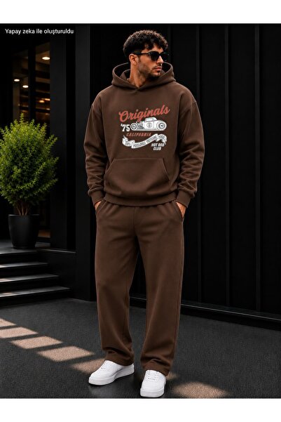 caddekombin Men's Originals 75 Car Printed Tracksuit Set / Hooded Kangaroo Po...