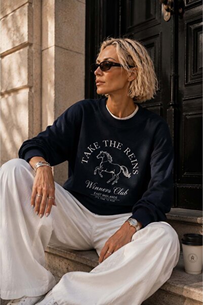 ibeeka Navy Blue Color Printed Oversize Sweatshirt - New Season Embellished