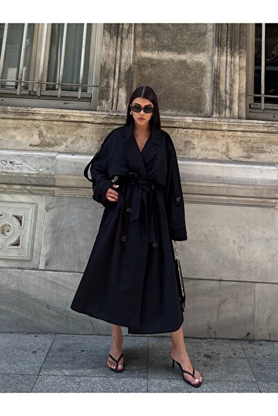 LE CARAMBOLE Women's Black Oversized Long Trench Coat with Tie Detail