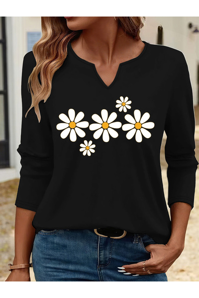 Deocept Printed Cotton Half V-Neck Long Sleeve Blouse T-Shirt