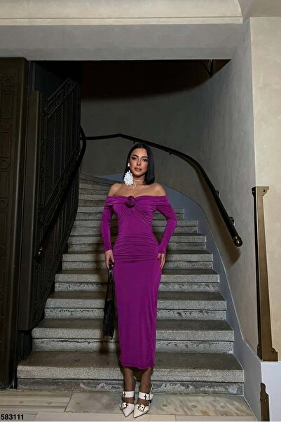 A Modern Style Boat Neck Draped Midi Long Sleeve Evening Dress
