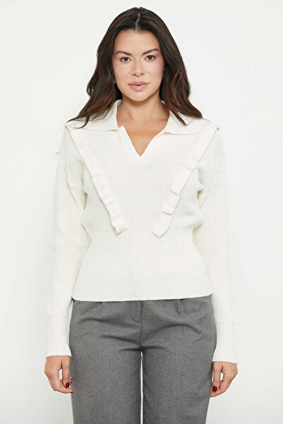 Sementa Polo Collar Ruffled Knit Sweater - Bone