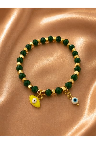 Boncuk Women's Green Beaded Bracelet with Charms, Evil Eye Beads, Yellow Eye ...