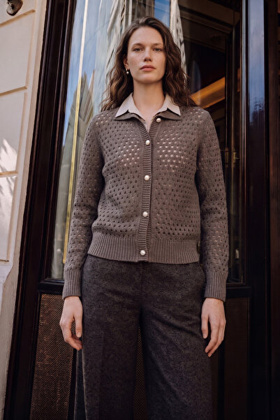 Sementa Hole Motif Buttoned Cotton Knitwear Cardigan - Brown