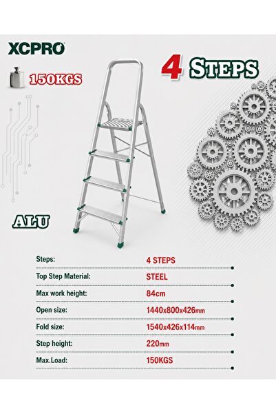 XCPRO Aluminum Step Ladder, Step Stool, Folding Ladder - 4 Step Steel Top Pla...