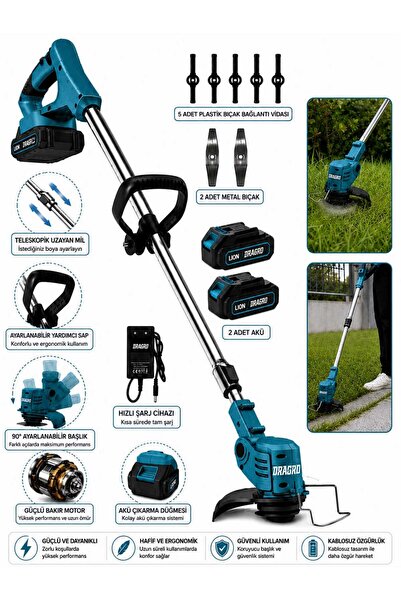 Dragro 21v Kömürsüz Motor Çift Akü Uzatmalı Kollu Çalı Ot Biçme Şarjlı Tırpan...
